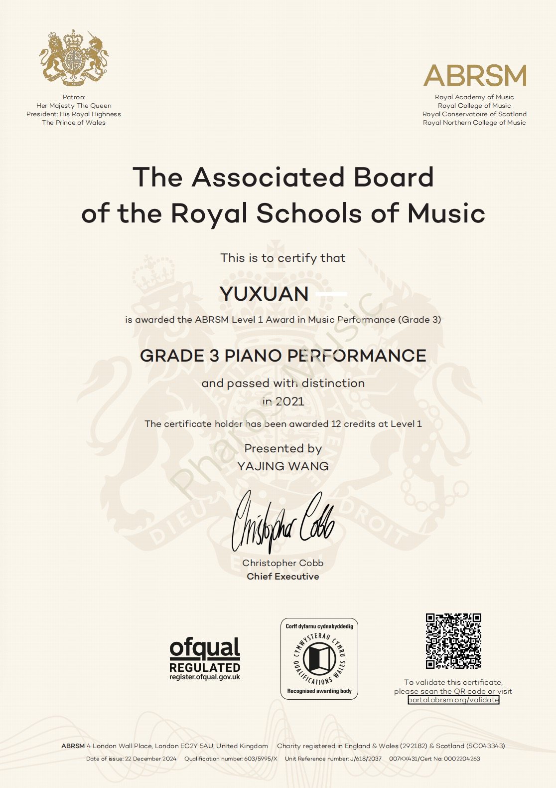 2021 Distinction - Congratulations! Yuxuan, Sarah - ABRSM Grade3 Piano Distinction