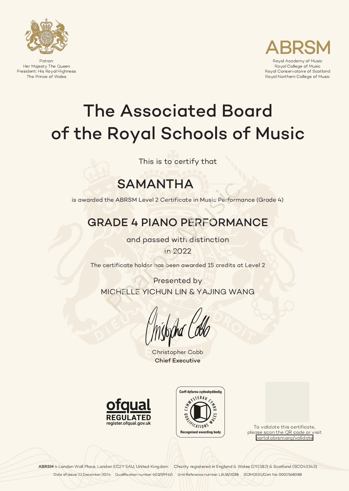 2022 Distinction - Congratulations! Samantha - ABRSM Grade4 Piano Distinction