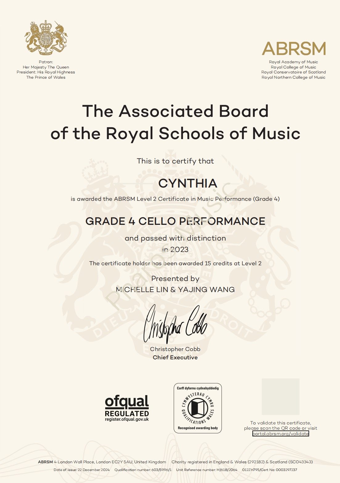 2023 Distinction - Congratulations! Cynthia - ABRSM Grade 4 Cello Distinction