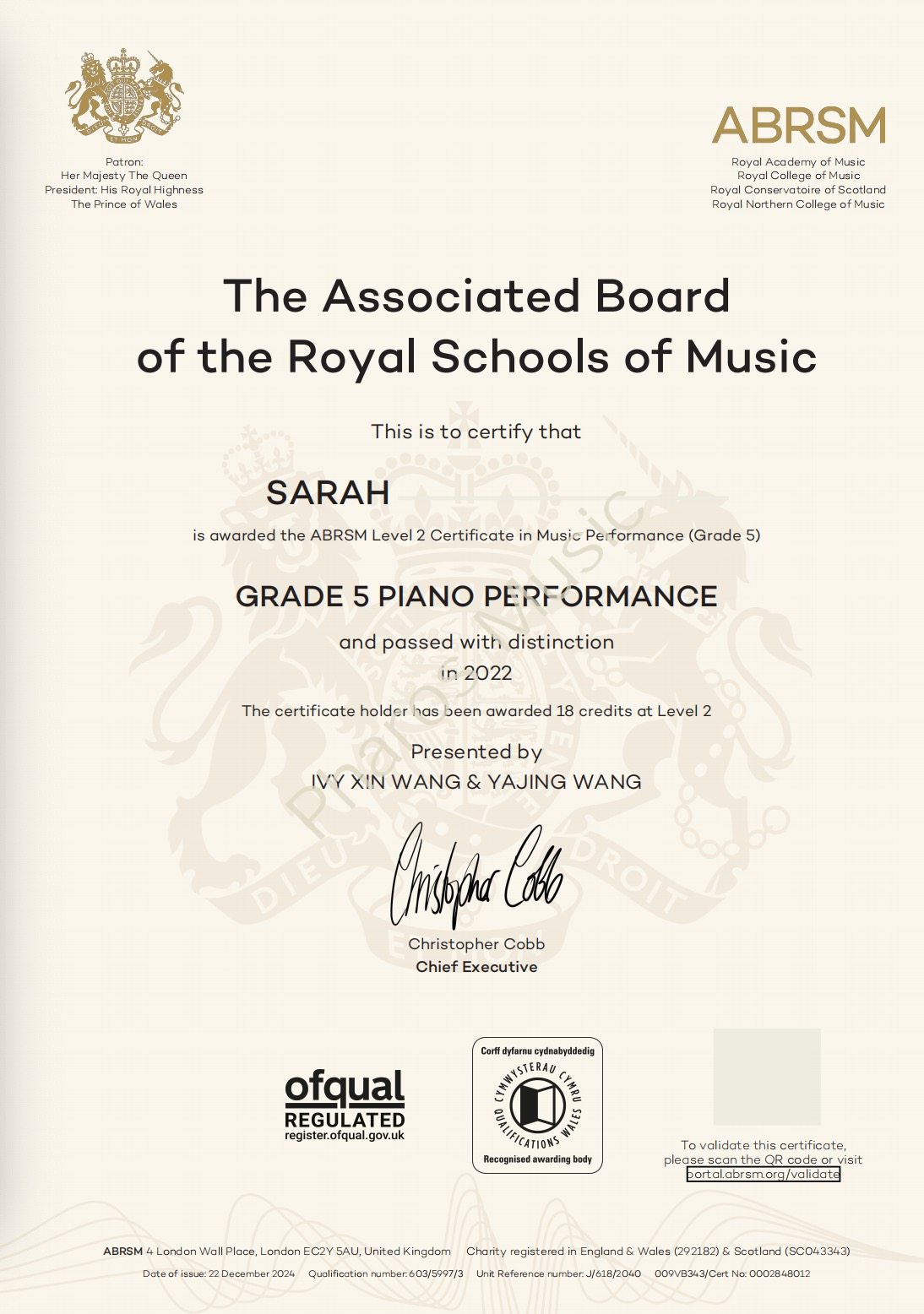 2022 Distinction - Congratulations! Sarah - ABRSM Grade5 Piano Distinction