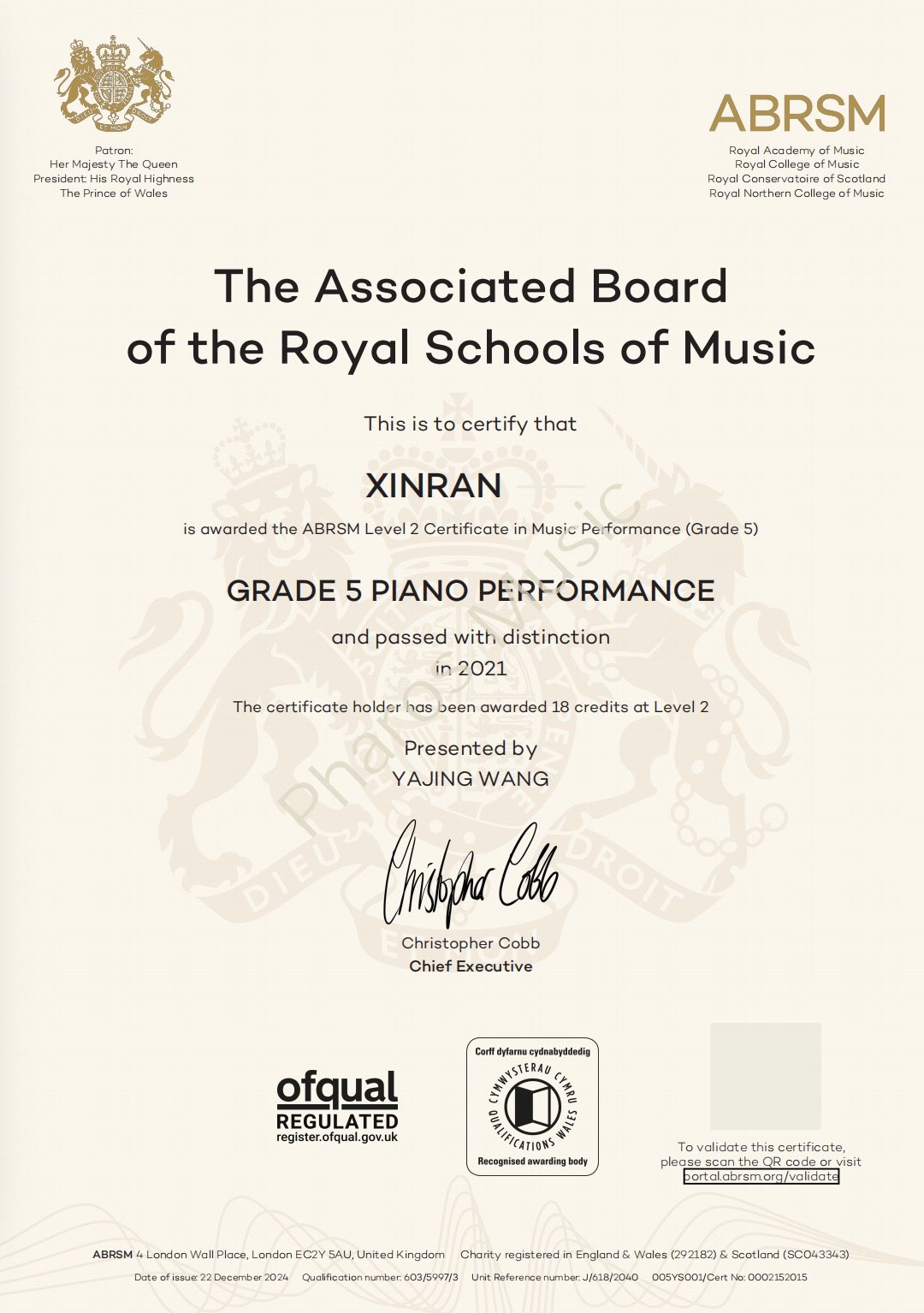 2021 Distinction - Congratulations! Xinran - ABRSM Grade5 Piano Distinction