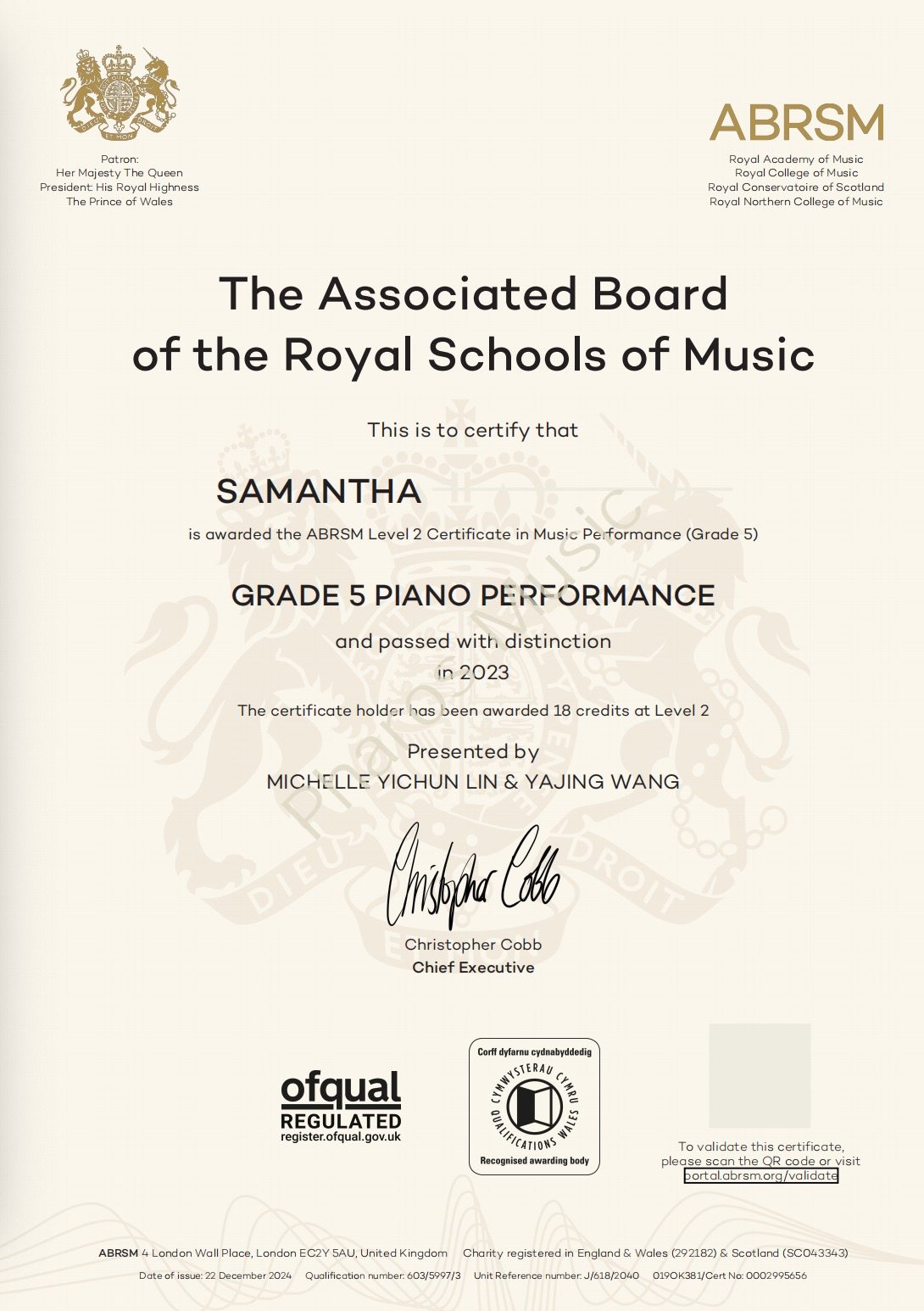 2023 Distinction - Congratulations!  Samantha - ABRSM Grade5 Piano Distinction