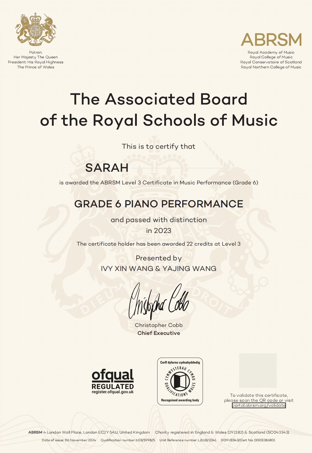 2023 Distinction - Congratulations!  Sarah - ABRSM Grade 6 Piano Distinction