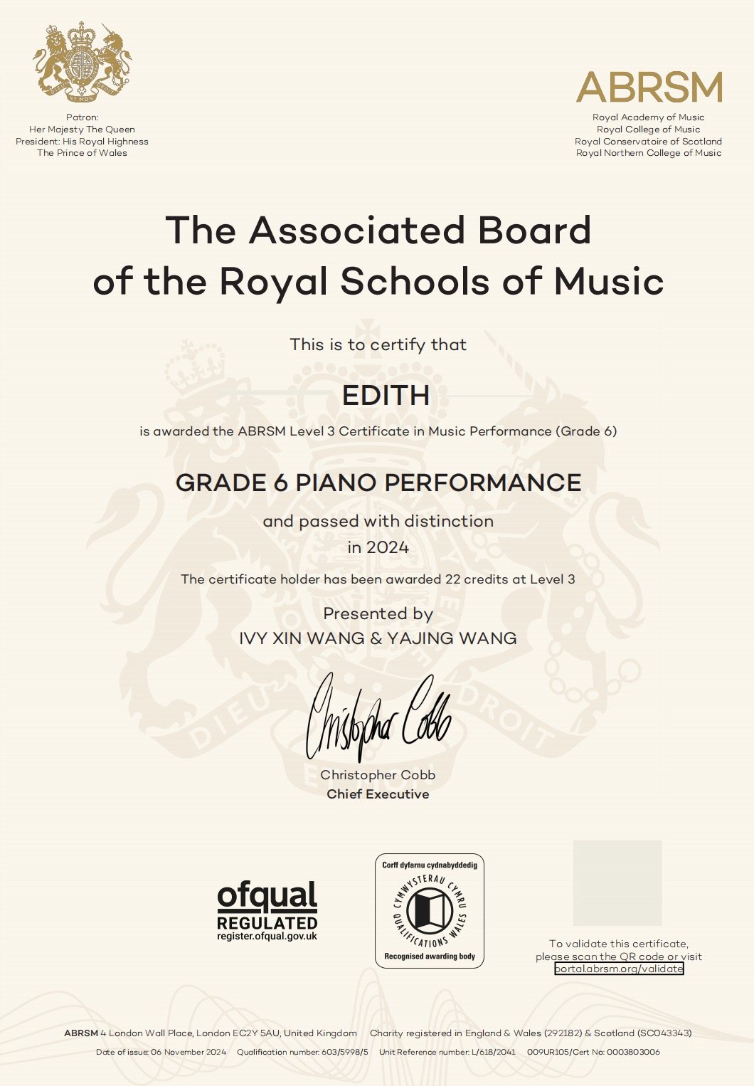 2024 Distinction - Congratulations!  Edith, Marco - ABRSM Grade 6 Piano Distinction
