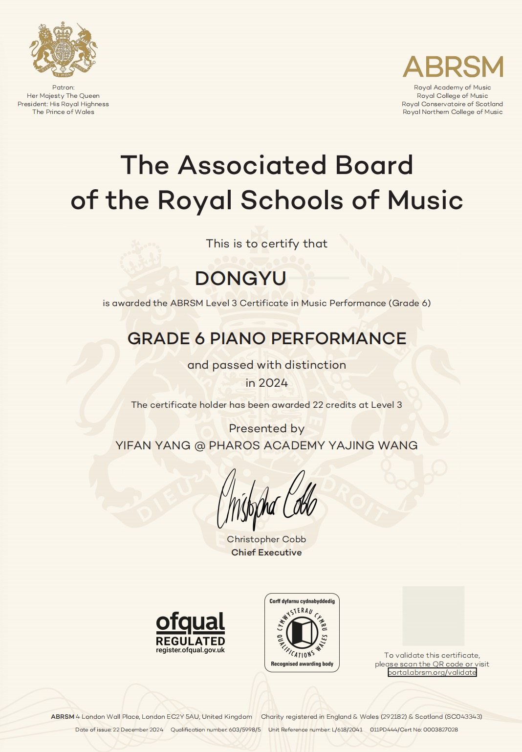 2024 Distinction - Congratulations!  Dongyu, Zhiyou - ABRSM Grade 6 Piano Distinction