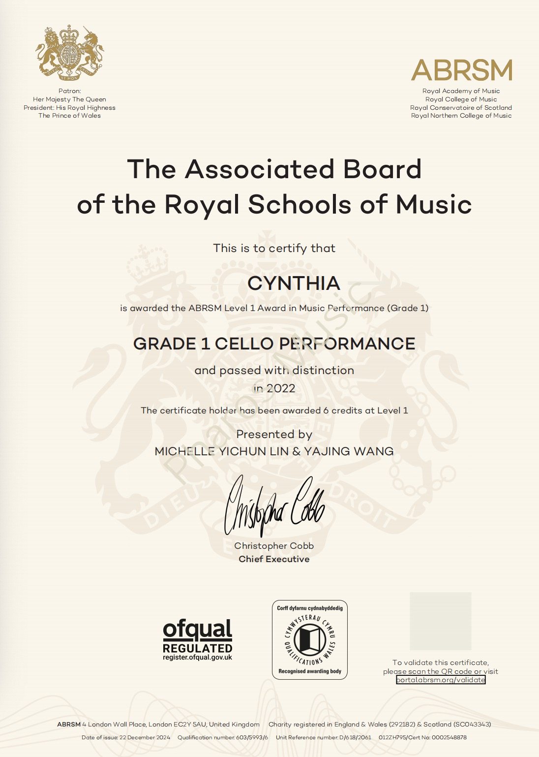2022 Distinction - Congratulations! Cynthia - ABRSM Grade 1 Cello Distinction