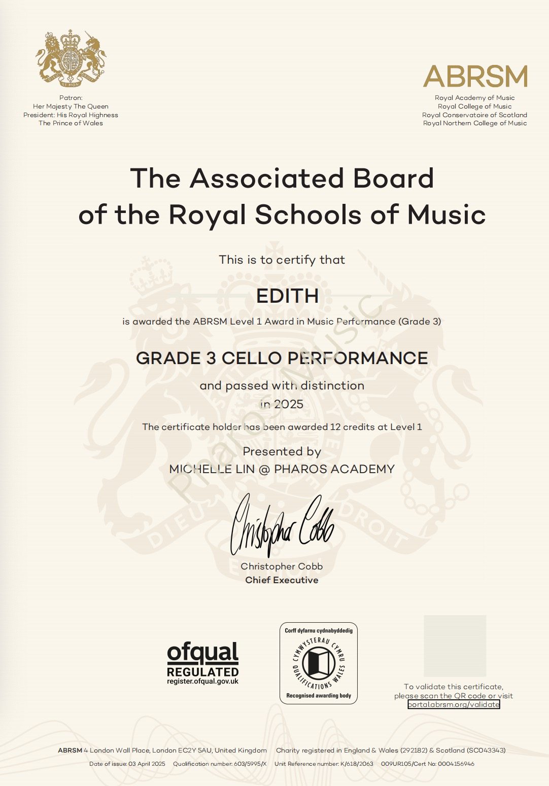 2025 Distinction - Congratulations! Edith - ABRSM Grade 3 Cello Distinction