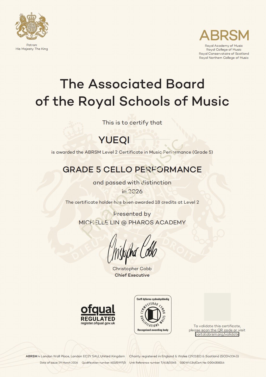 2026 Distinction - Congratulations! Yueqi, Edith - ABRSM Grade 5 Cello Distinction