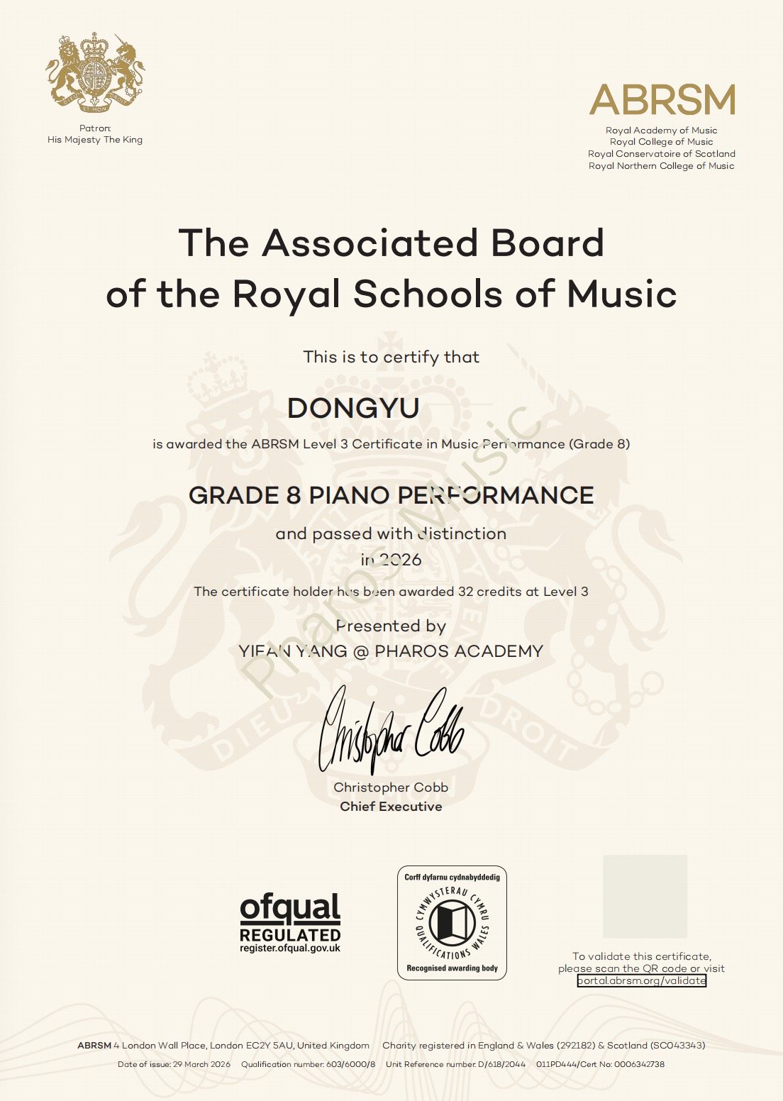 2026 Distinction - Congratulations! Dongyu, Olivia - ABRSM Grade 8 Piano Distinction