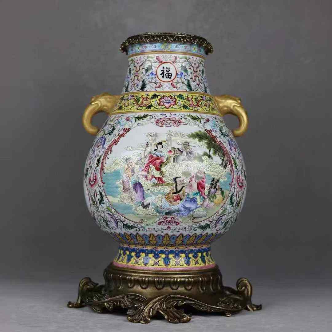 粉彩仙人贺寿镶铜边双耳福筒尊