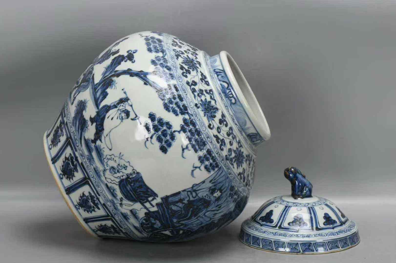 青花缠枝莲人物文姬归汉罐