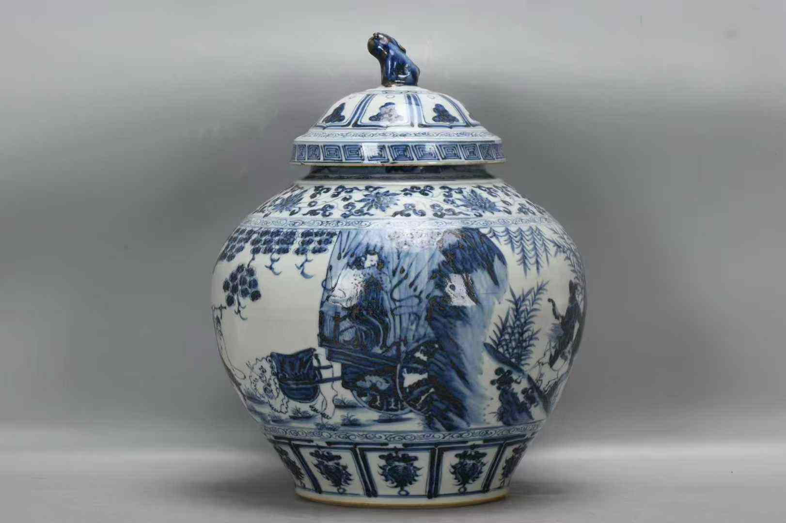 青花缠枝莲人物文姬归汉罐