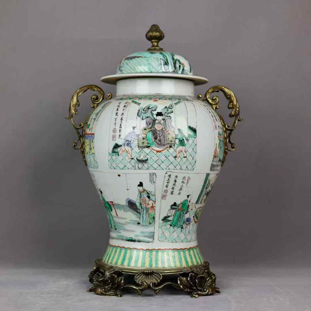 五彩人物镶铜花边双耳将军罐