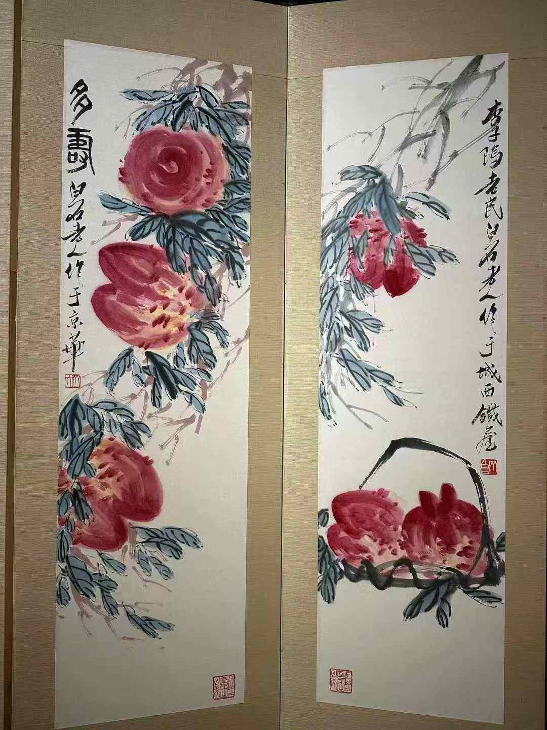 齐白石款多寿图屏风