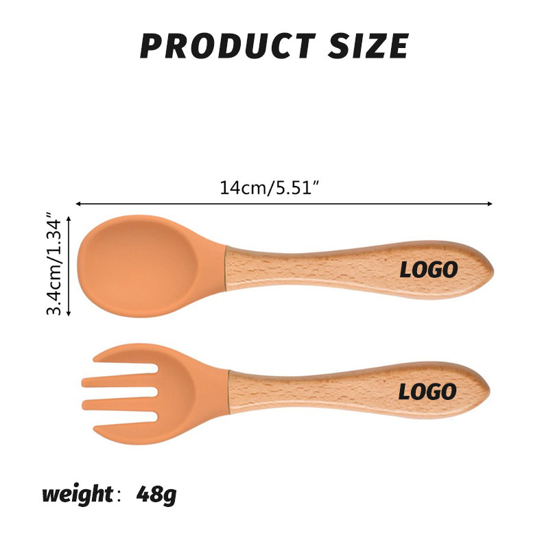 Leafree Hot Sale Food Grade Silicone Baby Spoon Fork with Nature Wooden Handle Set Custom Logo and Color Tableware