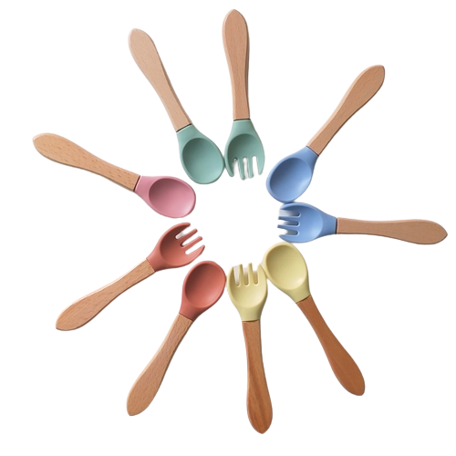 Leafree Hot Sale Food Grade Silicone Baby Spoon Fork with Nature Wooden Handle Set Custom Logo and Color Tableware