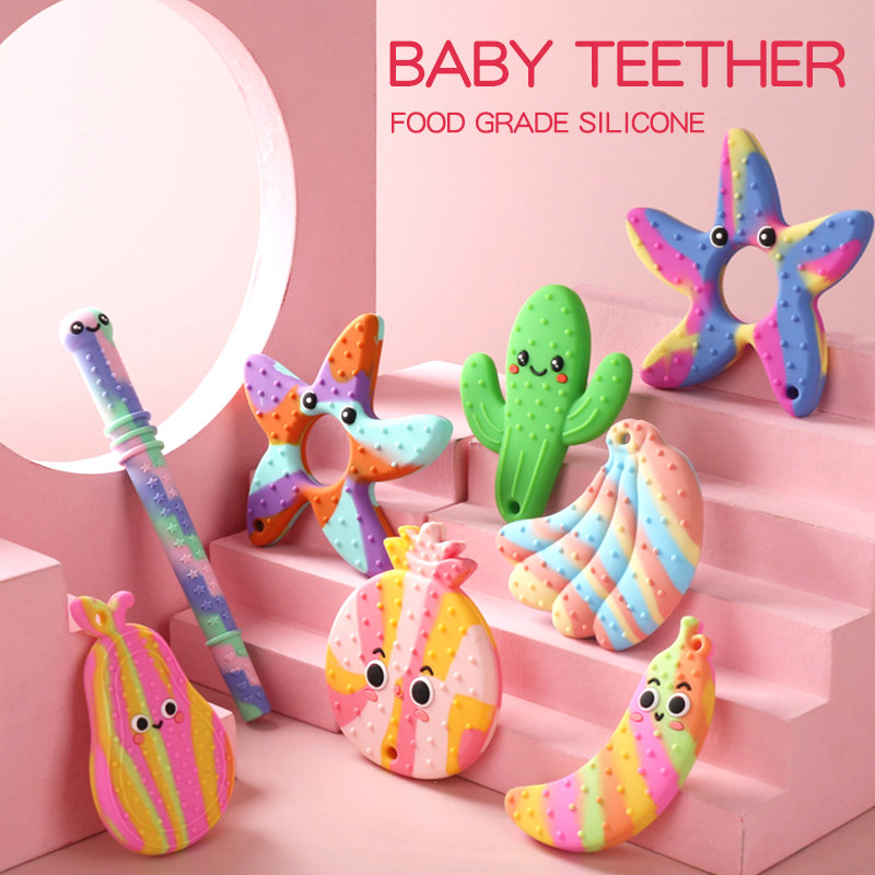 OEM/ ODM Food Grade Silicone Anti-dropping Silicone Baby Soft Fruit Shape Teether Molars for Feeding Teether Set Sensory Toy