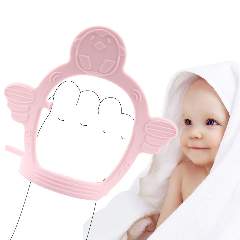 Bpa Free Silicone Mushroom Teether Baby Adjustable Handle Pacifier Wrist Chewing Penguin Teether Toys for Babies