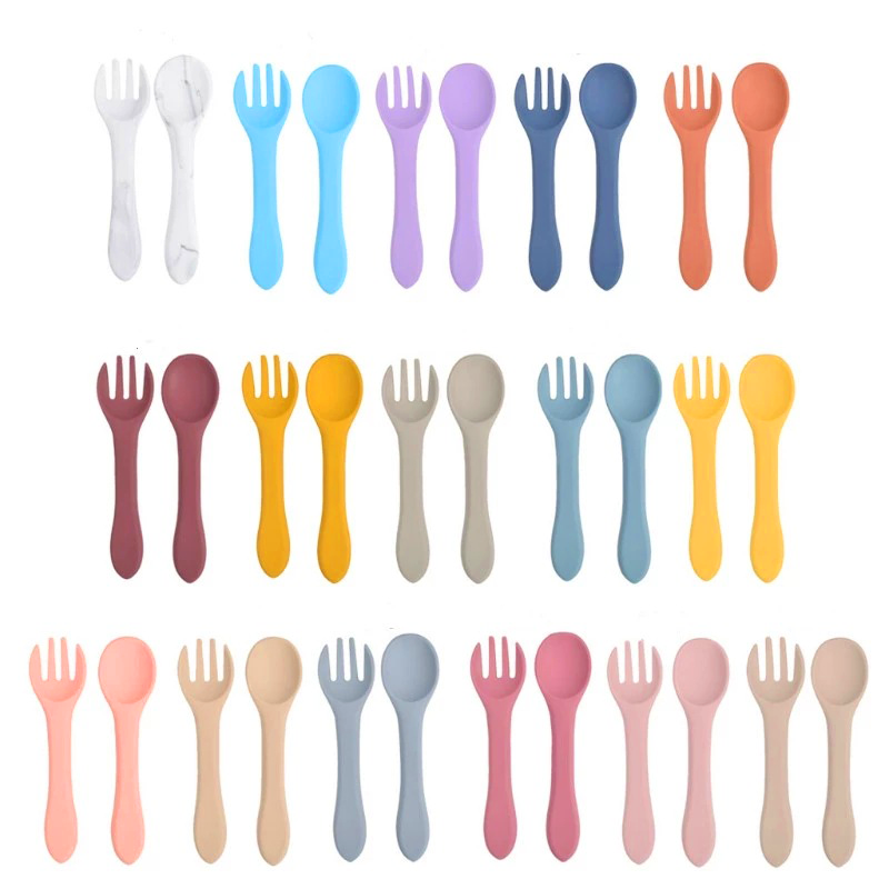 OEM Custom Wholesale Baby Feeding Soft Spoon Fork Set BPA Free Baby Dinnerware Utensils Food Grade Silicone