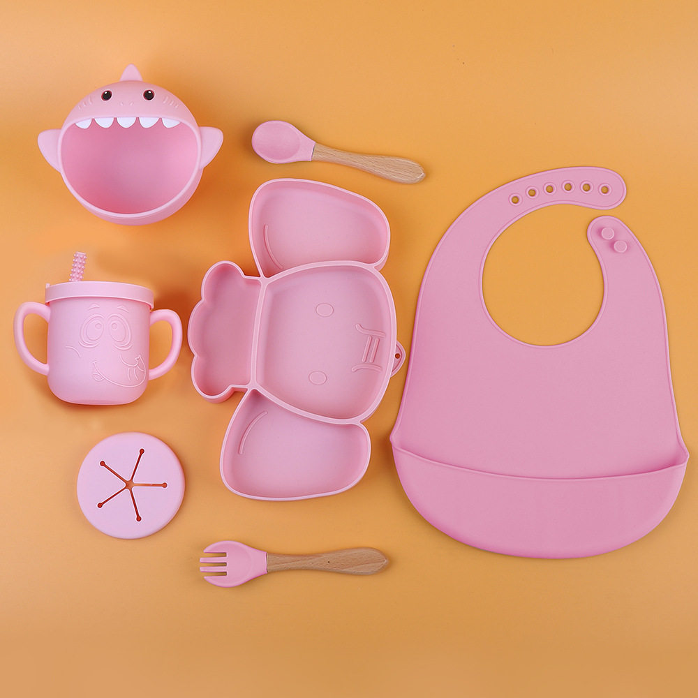OEM/ ODM Food Grade Silicone Baby Feeding Set Baby Led Weaning Suction Bowl Divided Plate Spoon Fork Sippy Cup Adjustable Bib