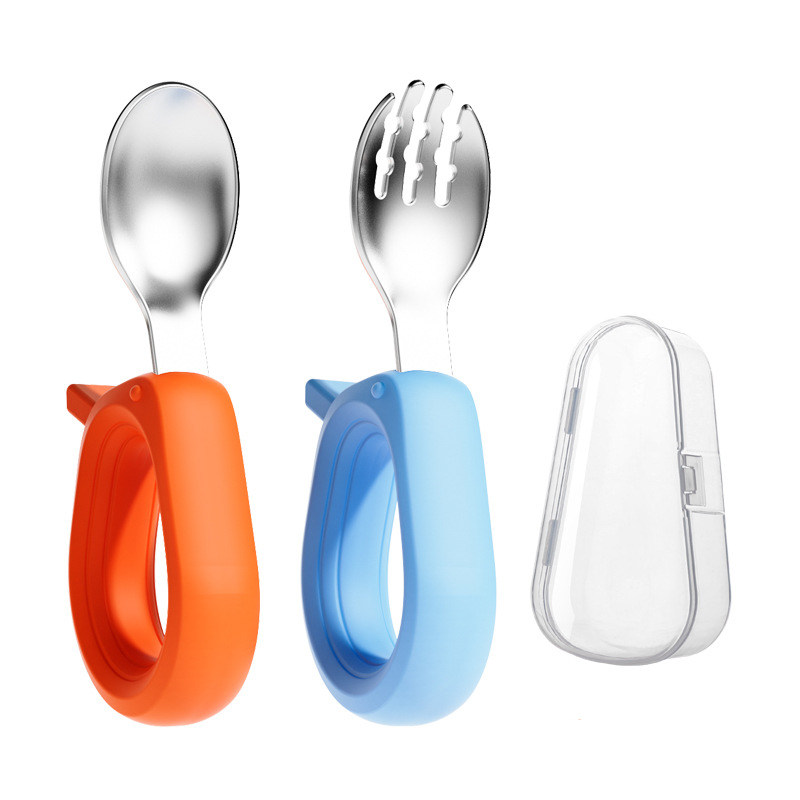 OEM/ ODM Food Grade Silicone Stainless Steel Baby Fork and Spoon Set Children Safe Flatware Feeding Utensils for Toddler Child