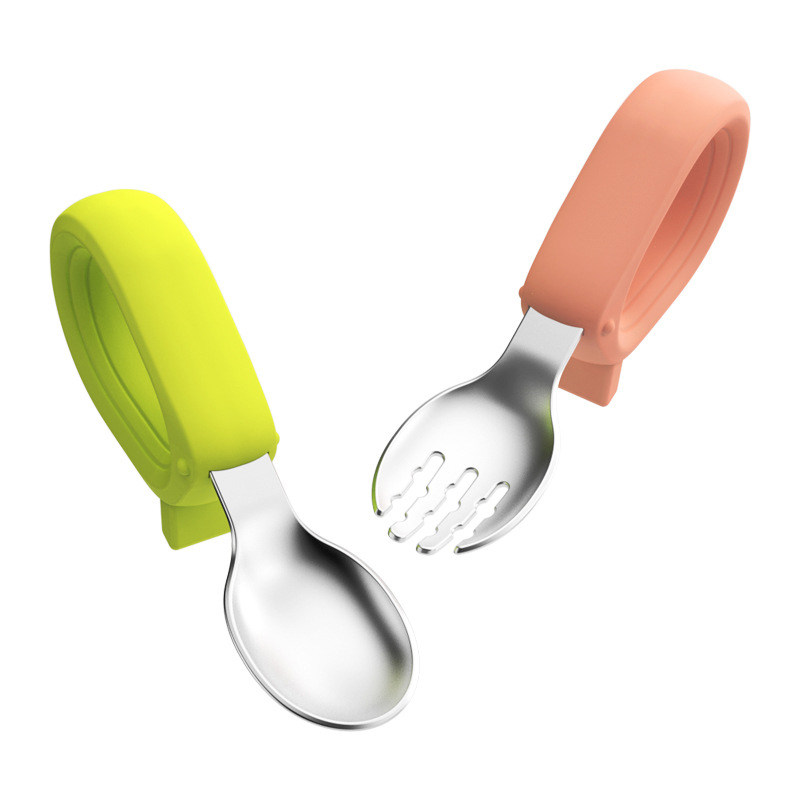 OEM/ ODM Food Grade Silicone Stainless Steel Baby Fork and Spoon Set Children Safe Flatware Feeding Utensils for Toddler Child