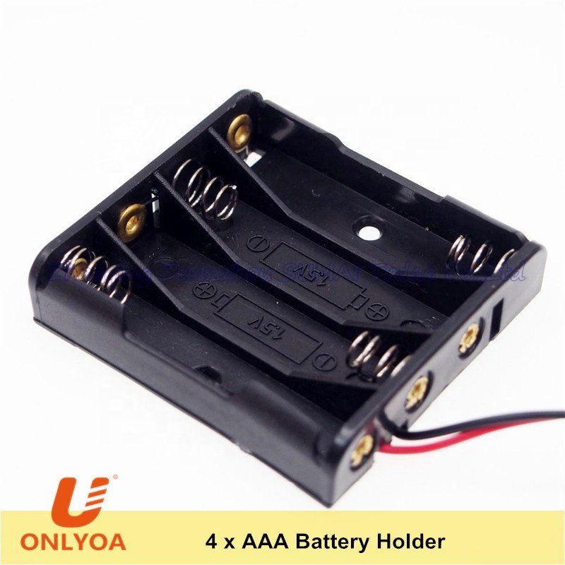 Black Plastic 6v four 4 AAA battery cell holder box case with wire leads