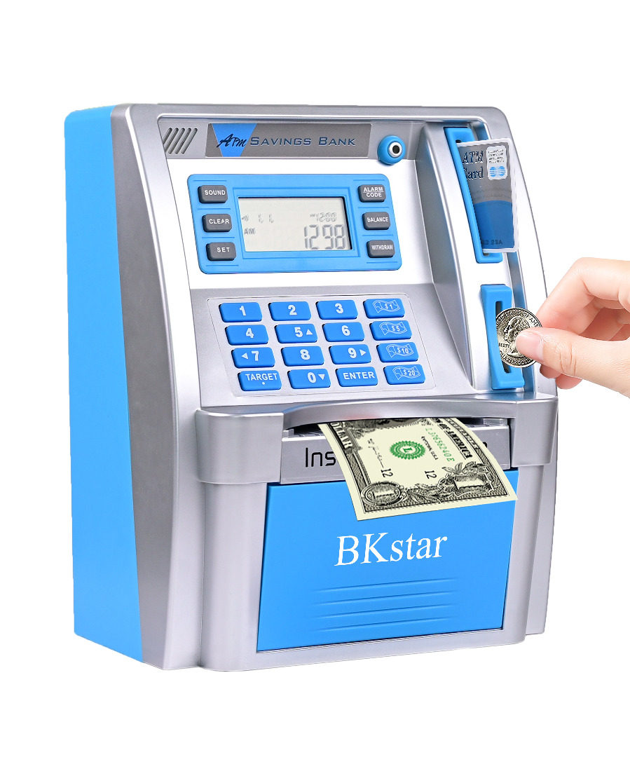 2022 Upgraded Blue ATM Savings Piggy Bank Machine for Real Money with Card, Coin Reader and Electronic Balance Calculator Money Bank for Kids Adults