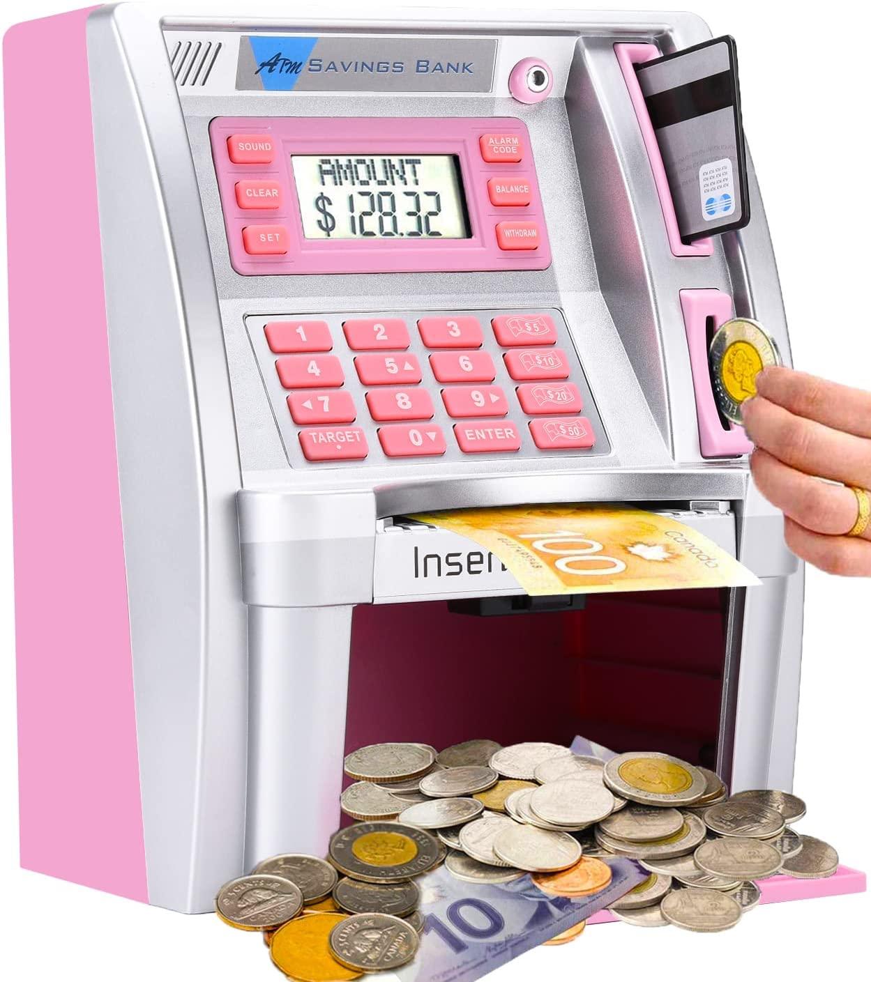 Canadian Dollars ATM Savings Piggy Money Bank Machine with Debit Card,Coins Identification for Kids,Electronic Digital Coin Bank Box with Code Password Lock
