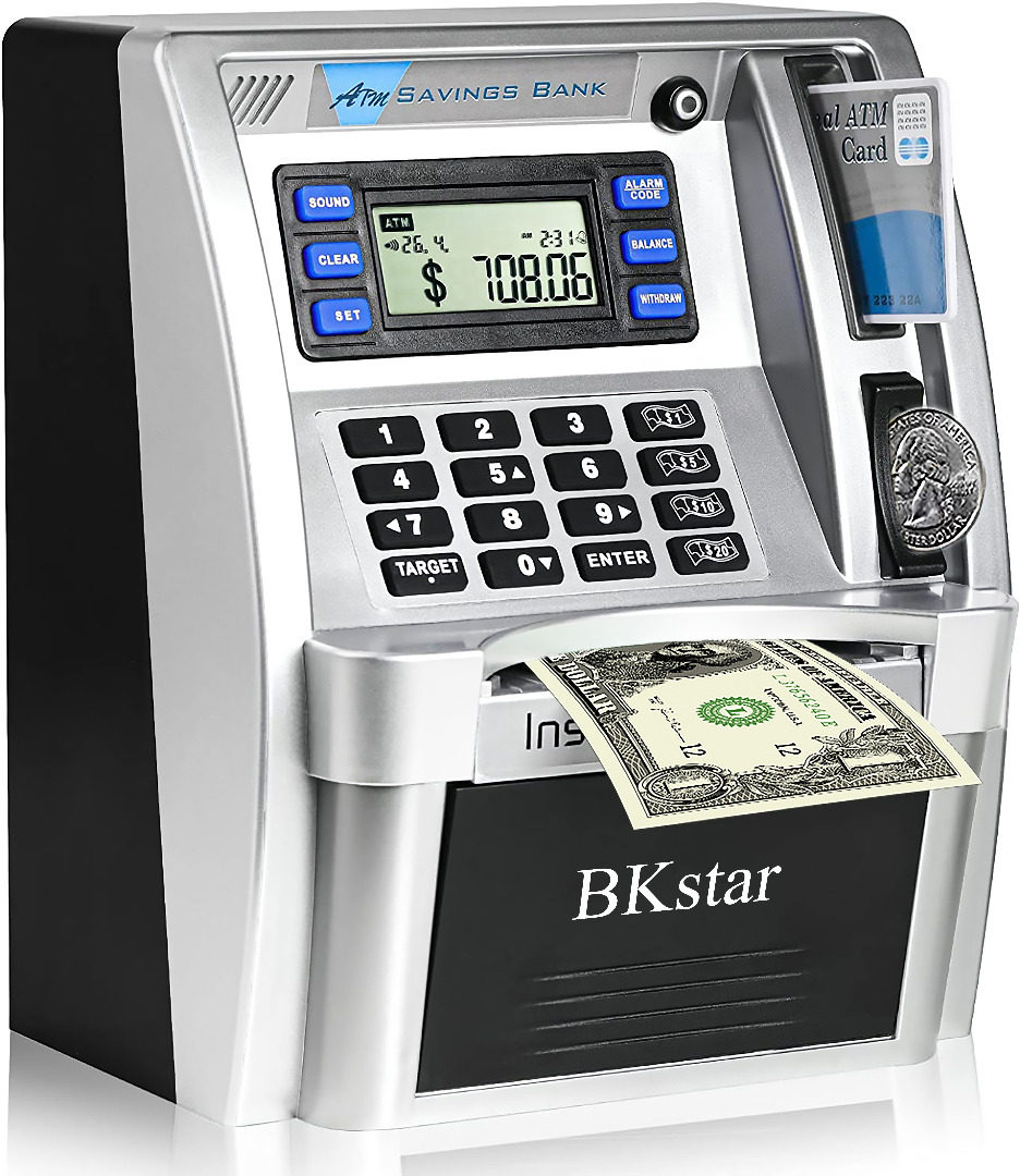 Upgraded ATM Savings Bank, Piggy Bank Machine for Real Money with Card, Bill Feeder, Coin Reader, Balance Calculator Safe Box for Kids Adults