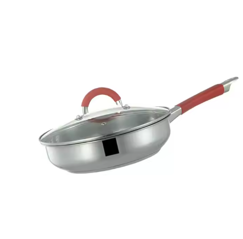 Stainless steel cooking pan with long handle and flat bottomed pan