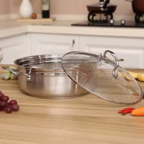 Glass covered stainless steel cooking pot
