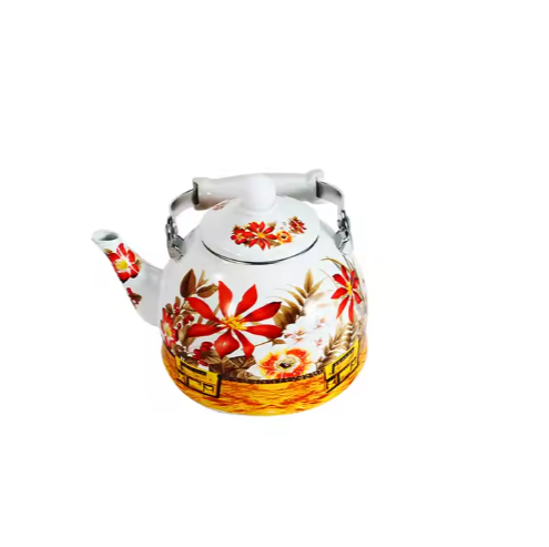 Enamel teapot with colored maple leaf design