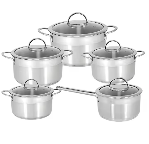 5 stainless steel pots with lids
