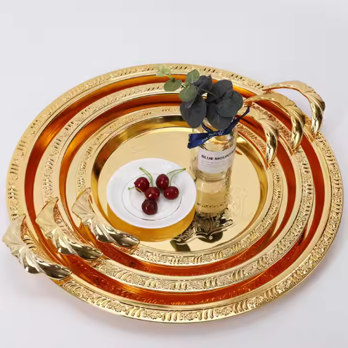 Round gold stainless steel with printing Dim sum tray of various specifications