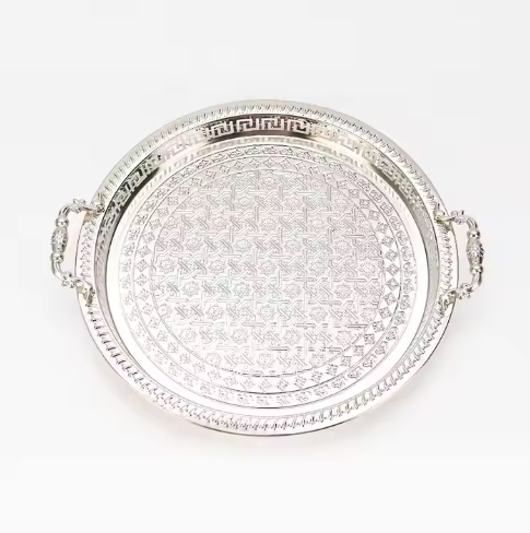 Round silver stainless steel dessert plate