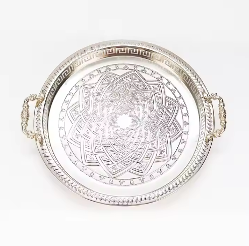 Round silver stainless steel dessert plate with printed design