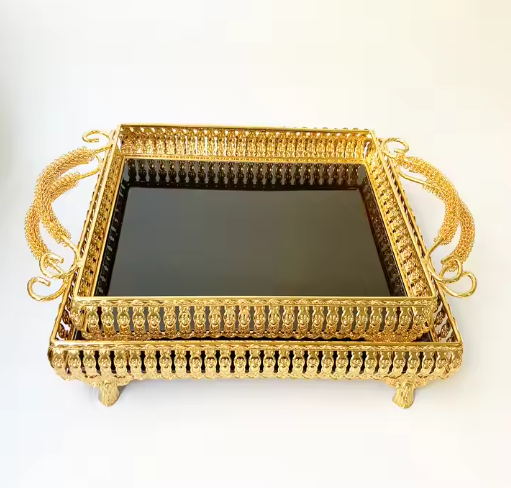 Ramadan decoration home shiny metal handle shiny black reflective tray