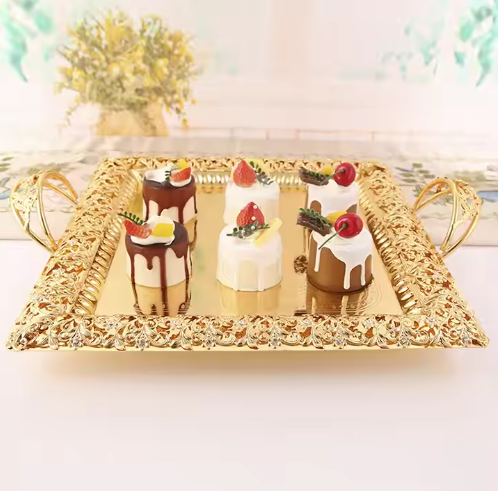 Luxury gold plate decoration, fruit and snack plate with handle