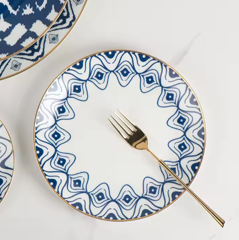 Blue gold-plated bone china plate