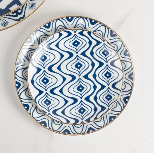 Blue gold-plated bone china plate