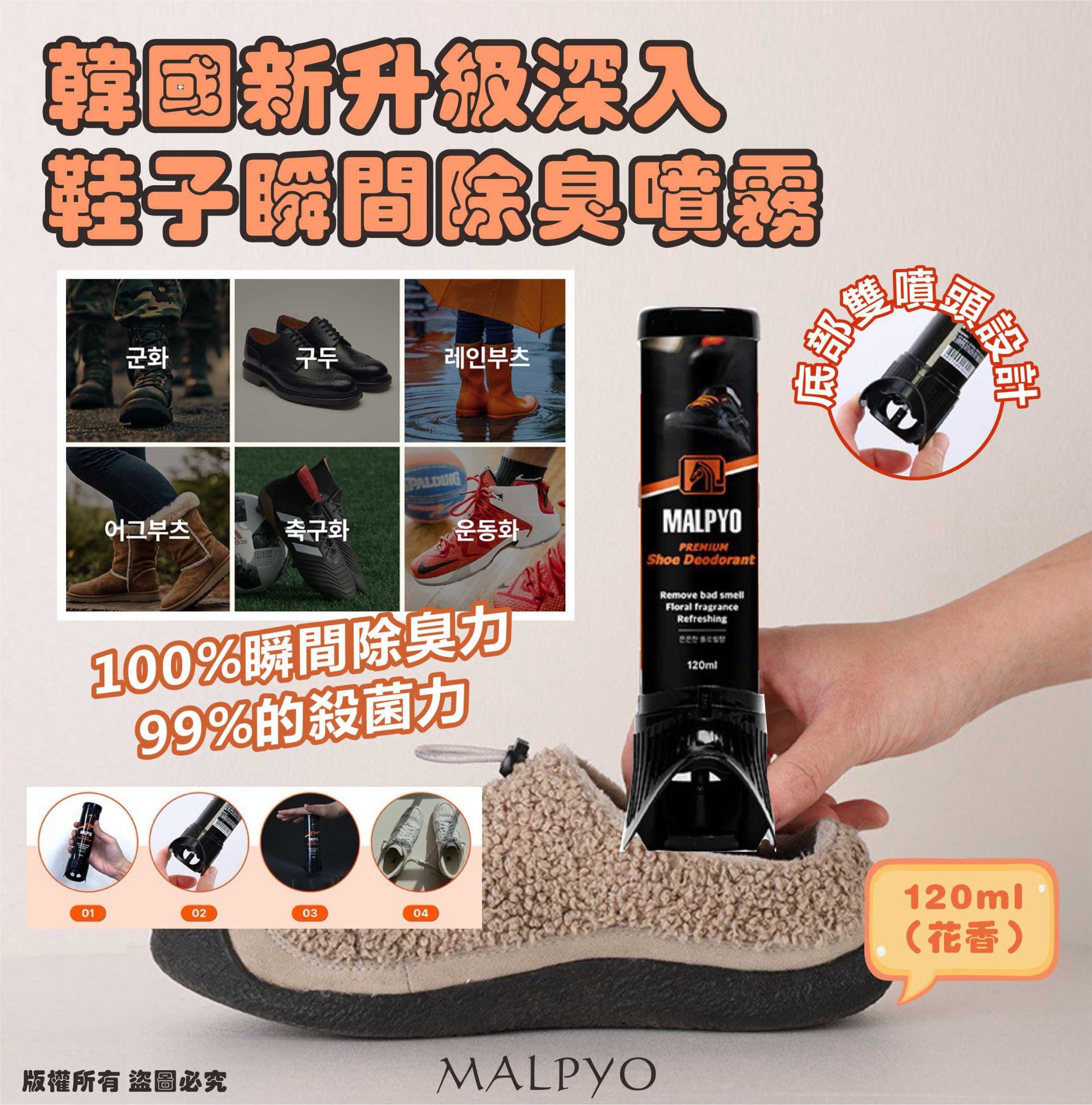 韓國 MALPYO 新升級深入鞋子瞬間除臭噴霧120ml（花香）