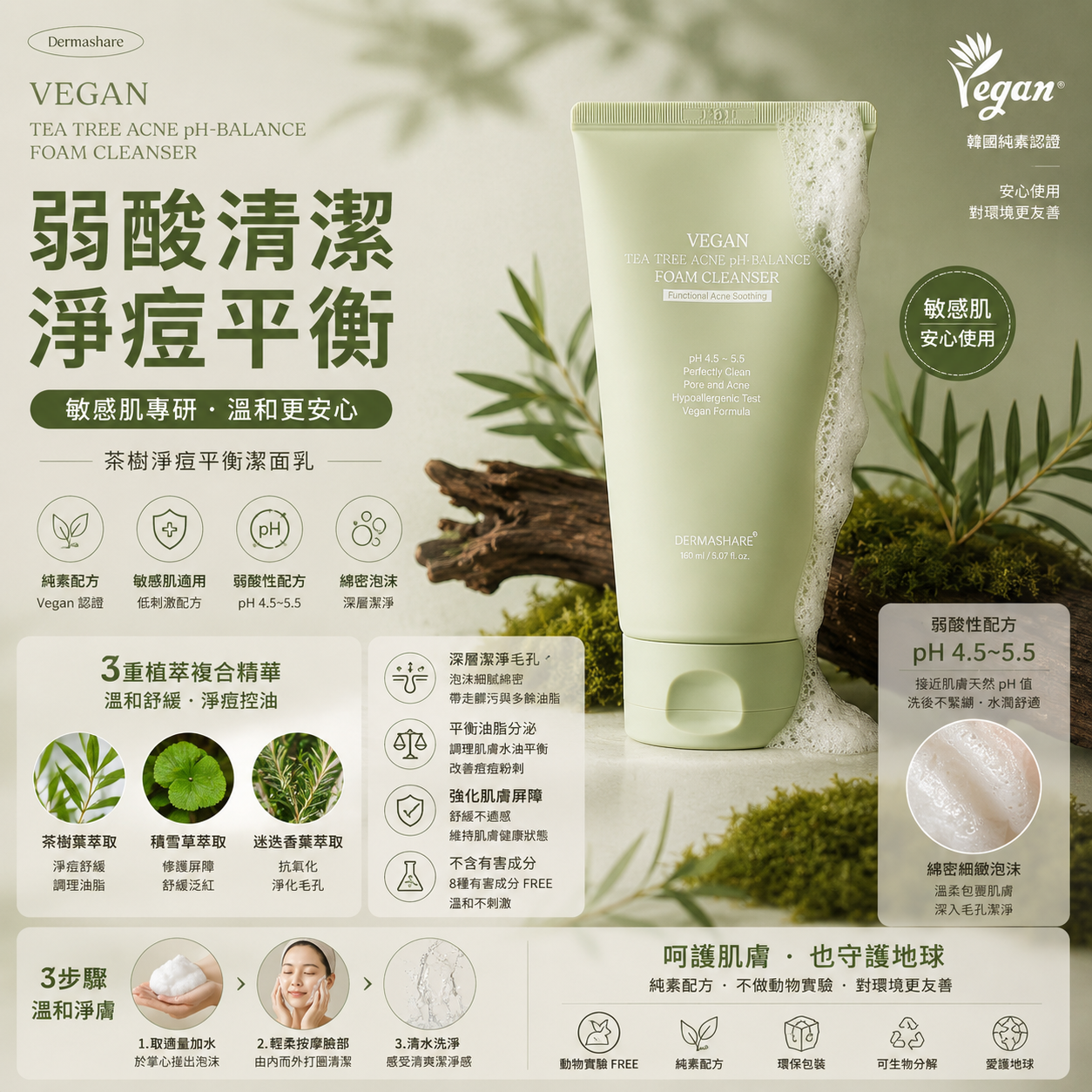 韓國🇰🇷 Dermashare 純素茶樹淨痘 pH 平衡潔面乳150ml
