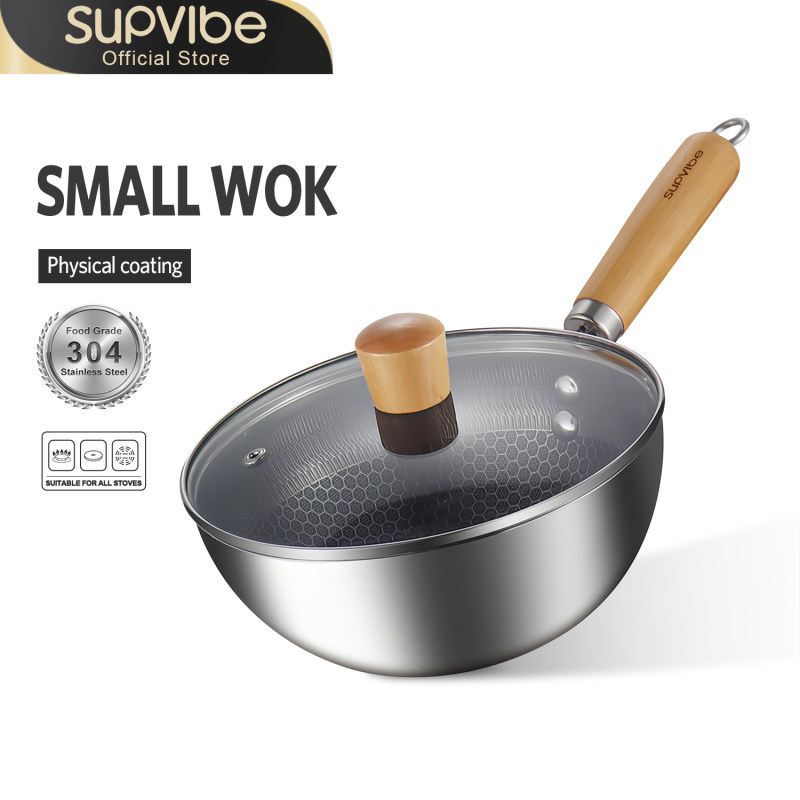 【SVB150】Honeycomb-Coated Small Wok (304 Three-layer Steel + Solid Wood)