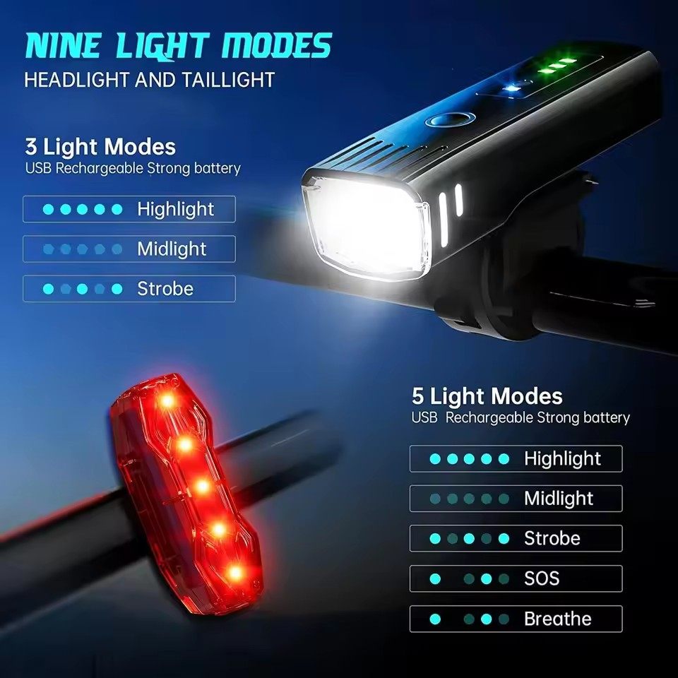 Professional night cycling safety bicycle lights with front and rear USB rechargeable 4-mode LED bicycle lights with power display