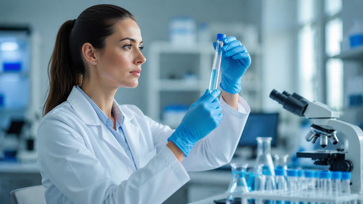 Laboratory surfaces with blue drops