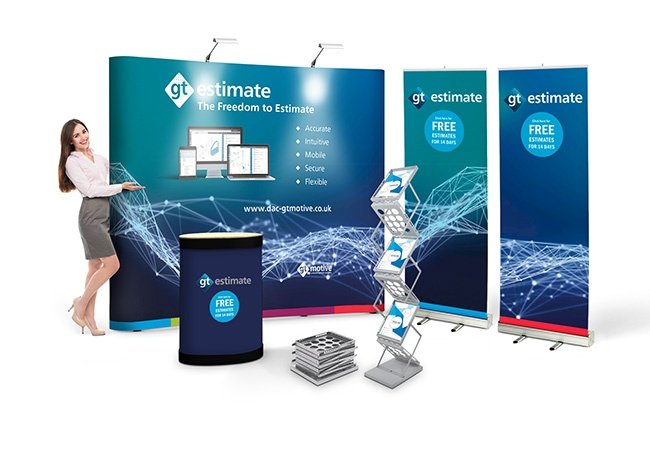 10ft or 20ft aluminum backdrop with roll up stand and literature