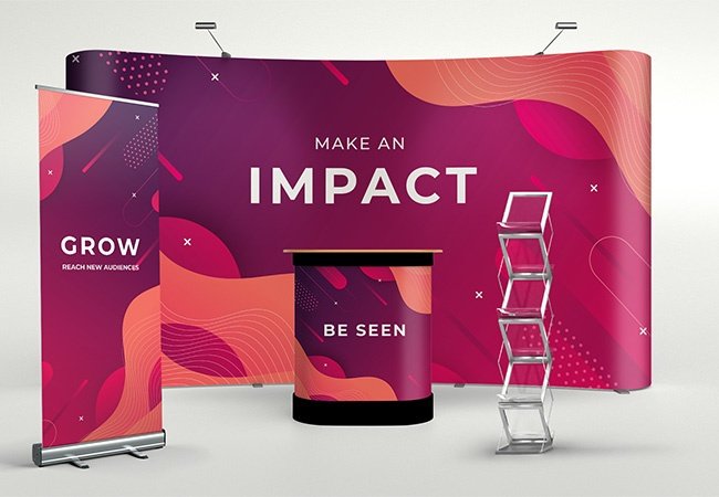 10ft or 20ft aluminum backdrop with roll up stand and literature