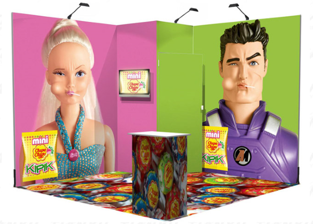 L-shaped fabric graphic exhibition display with a storage