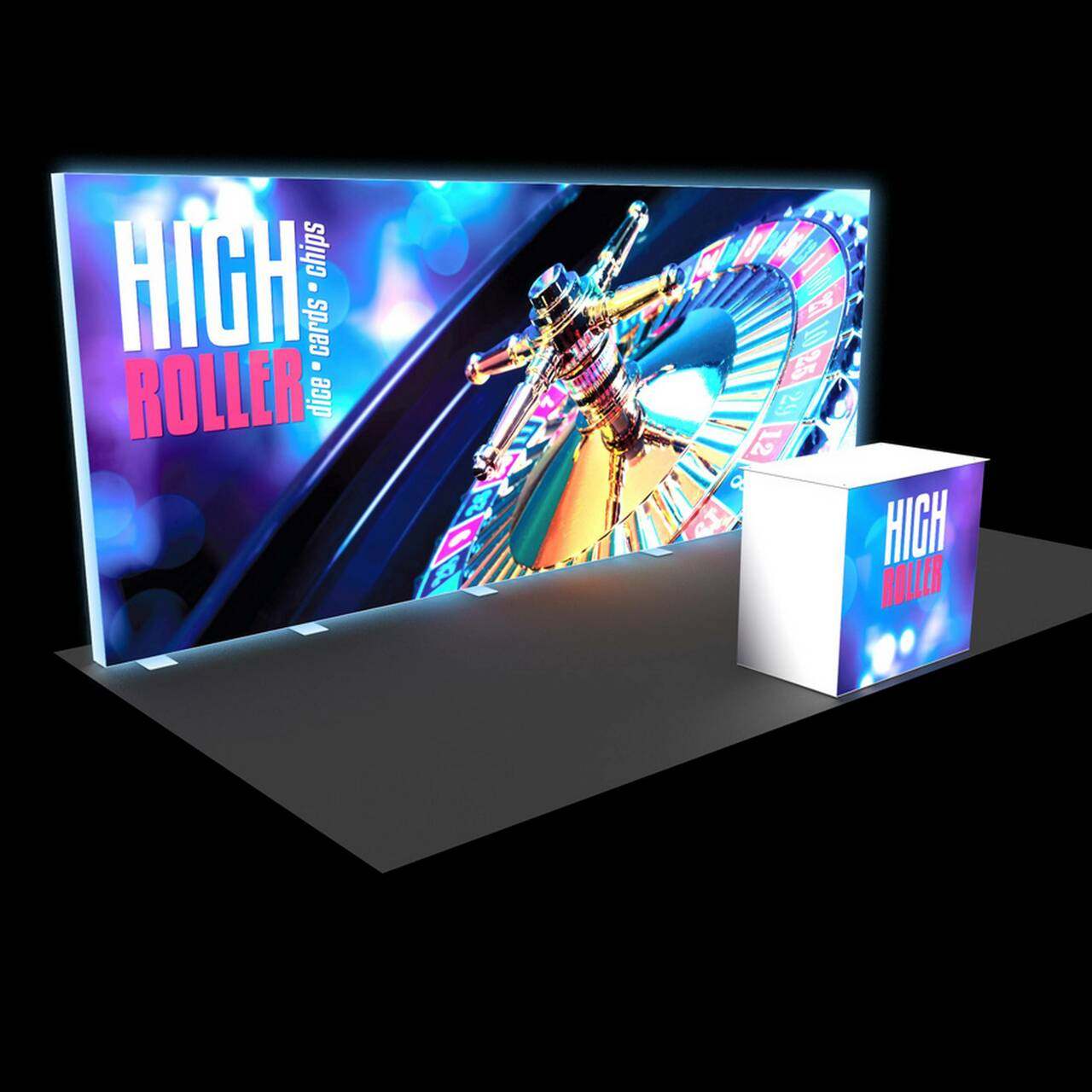 free standing edge-lit light box backdrop with a lit counter
